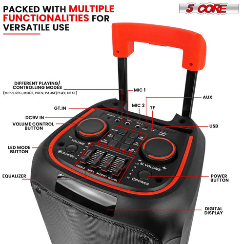 5Core Bluetooth Party Speaker 8 inch PA RGB Partybox Karaoke Machine + 2 Wireless Mic Odyssey